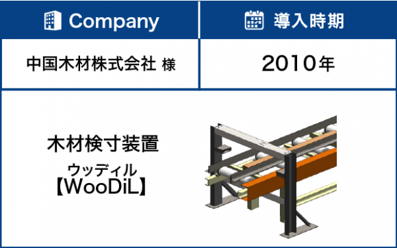 【導入企業】中国木材株式会社、【導入時期】2010年、【製品】木材検寸装置(WooDiL)ウッディル