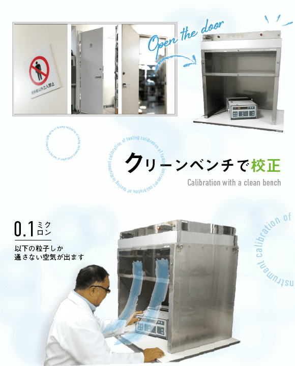 クリーンベンチでの校正 0.1ミクロン以下の粒子しか通さない空気が出ます(Calibration with a clean bench)