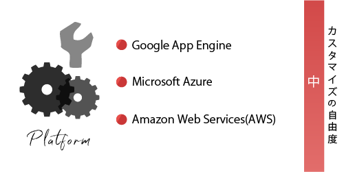 ②【PaaS】の具体例　・Google App Engine　・Microsoft Azure　・Amazon Web Services(AWS)　【カスタマイズ自由度：中】